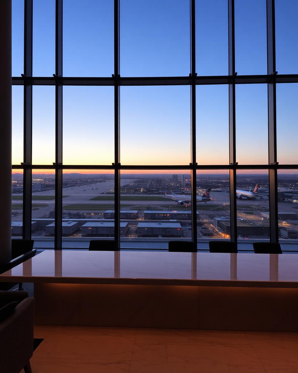 Sala VIP de aeroporto com vista para a pista ao anoitecer